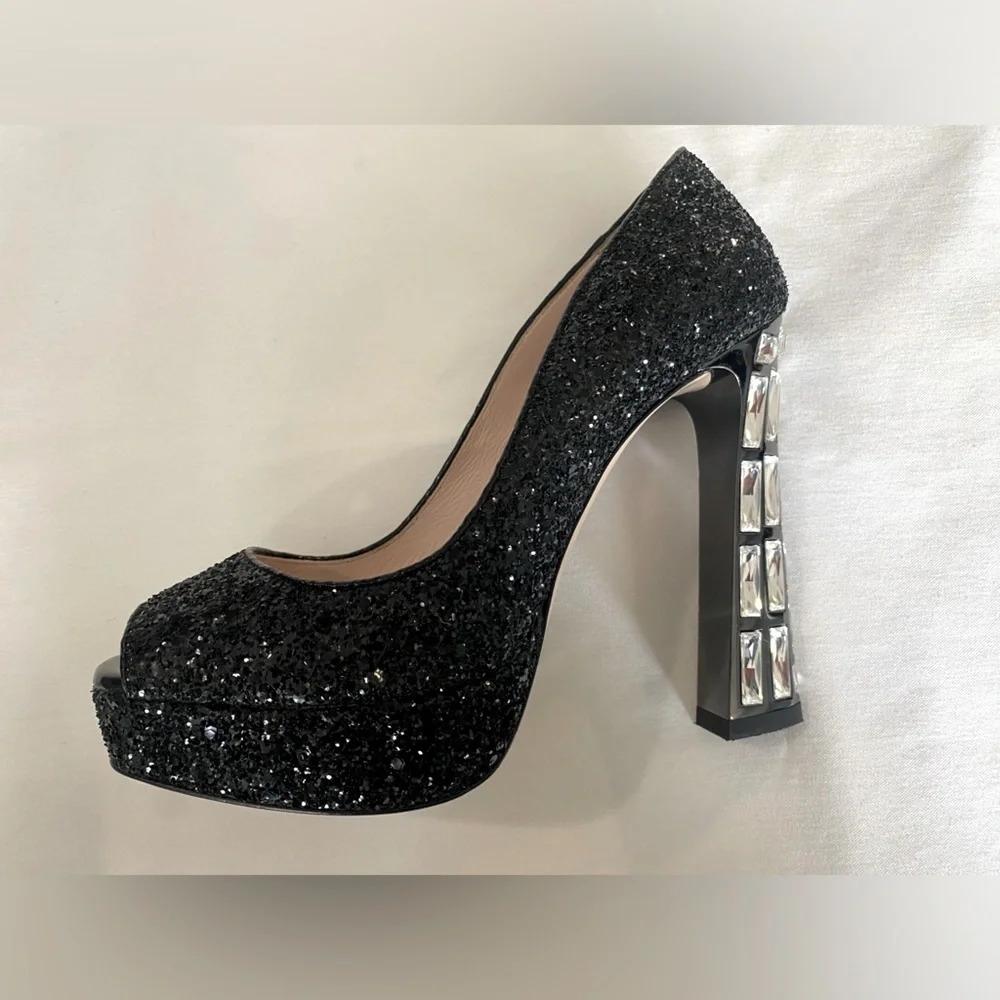 Miu Miu Black Glitter Peep-Toe Platform Pumps